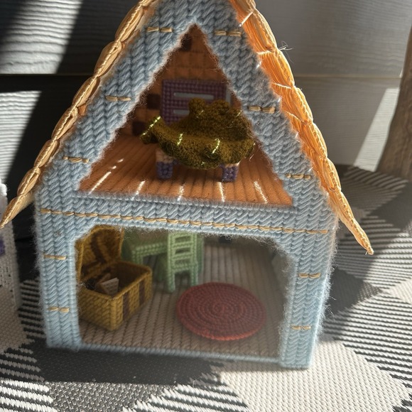 Vintage Handmade Plastic Canvas Needlepoint Doll House & Furniture Mini House - Picture 2 of 16